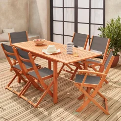 Set tavolo da giardino rettangolare allungabile in legno con 6 sedie