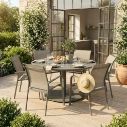 Set tavolo da giardino rotondo in altuminio con 6 sedie