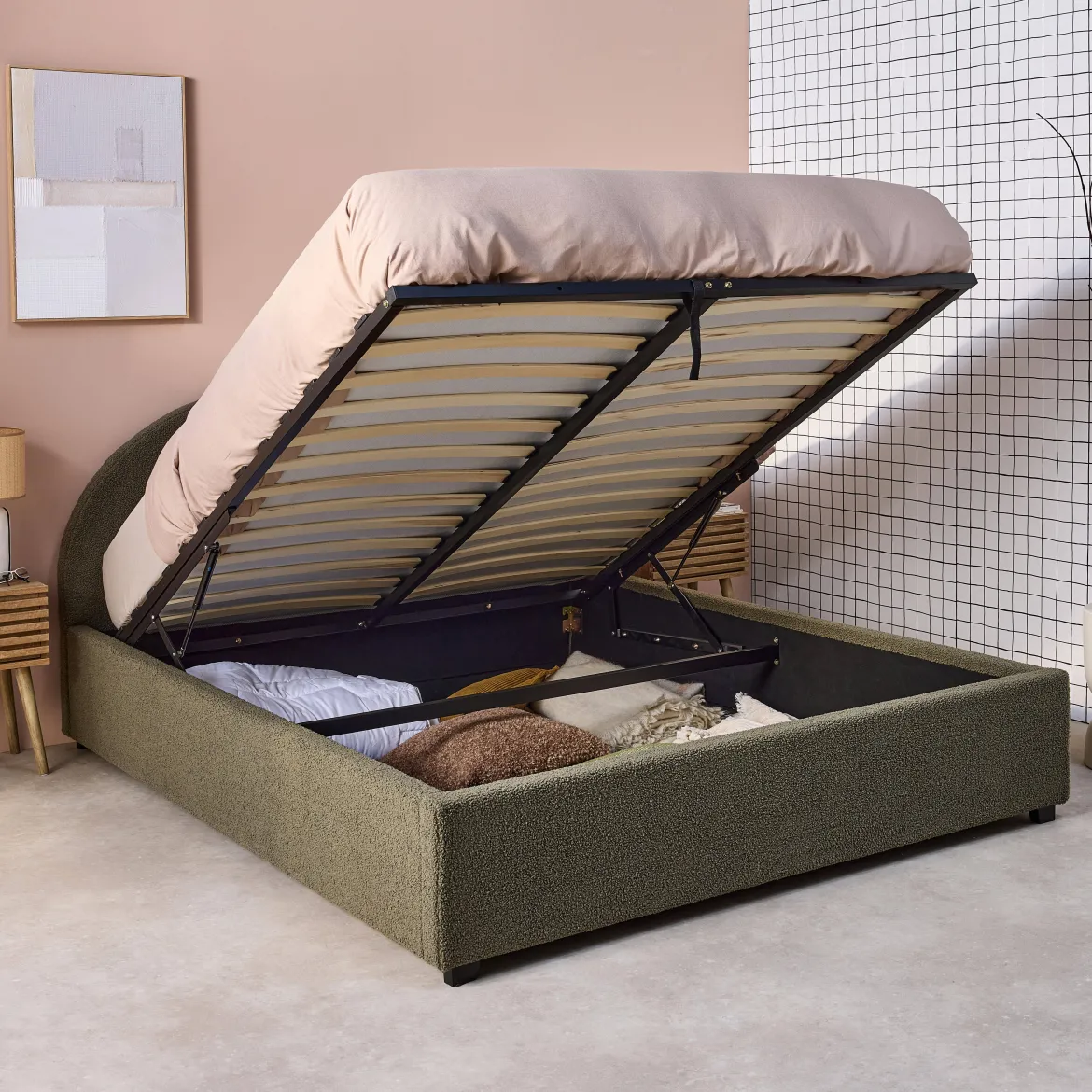 Struttura letto con contenitore e testiera 140x190cm, imbottita bouclé