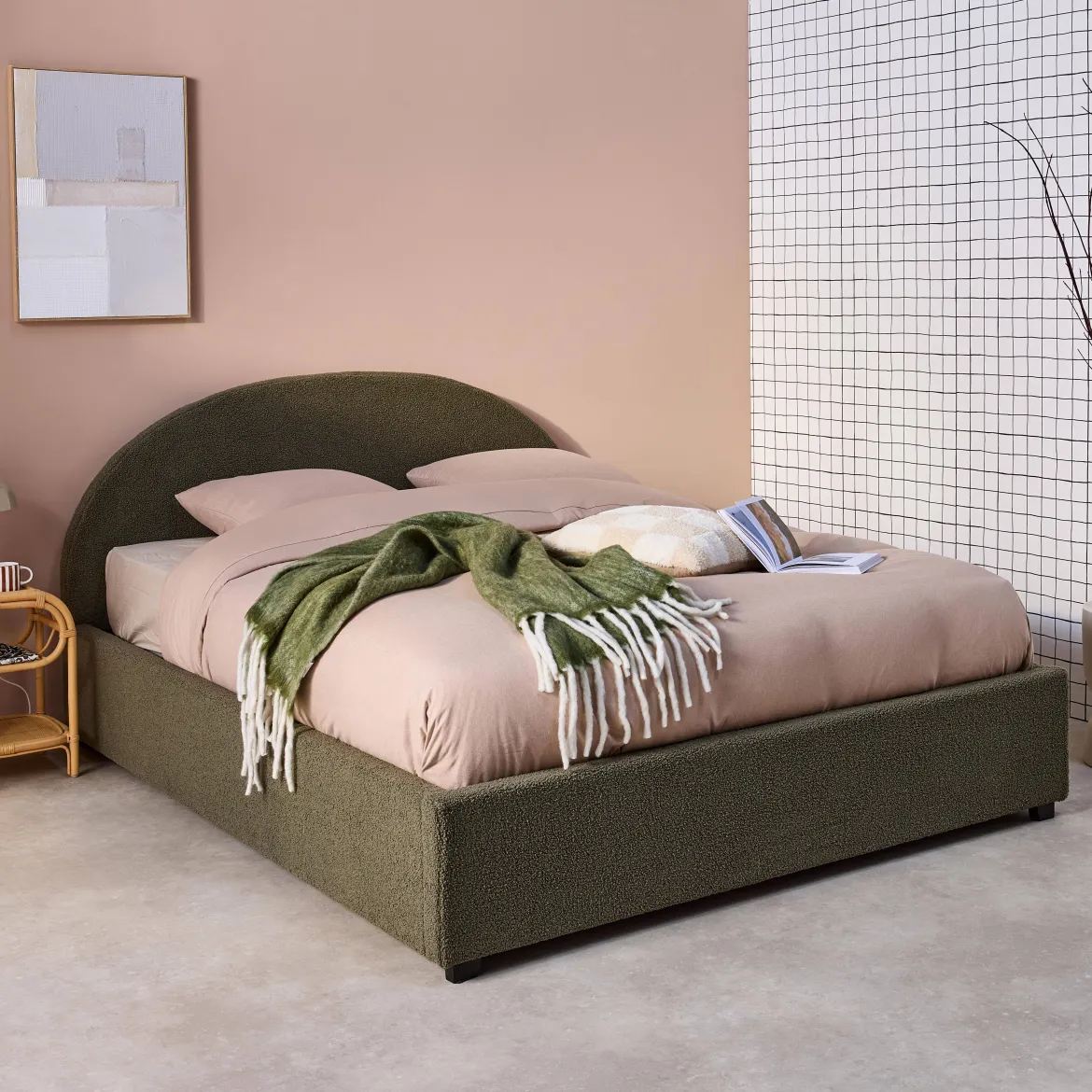 Struttura letto con contenitore e testiera imbottita bouclé, 160x200cm