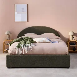 Struttura letto con contenitore e testiera imbottita bouclé, 160x200cm
