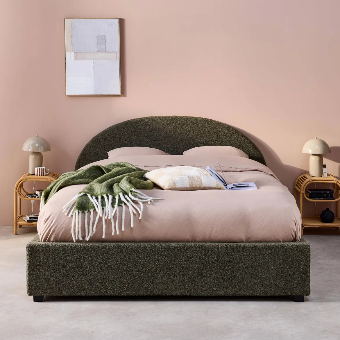 Struttura letto con contenitore e testiera imbottita bouclé, 160x200cm