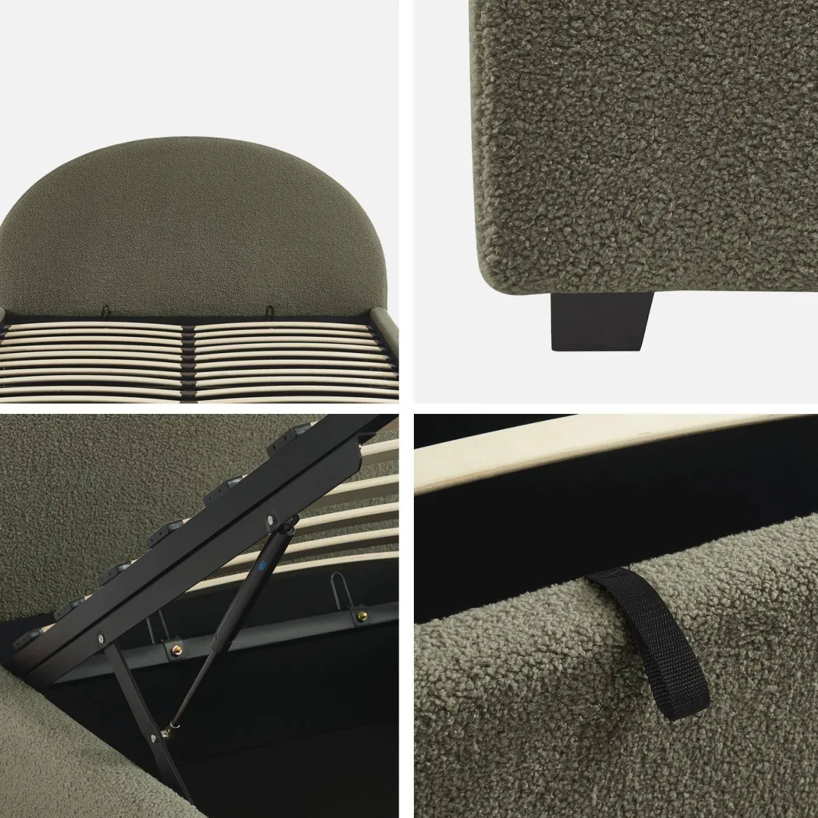 Struttura letto con contenitore e testiera imbottita bouclé, 160x200cm