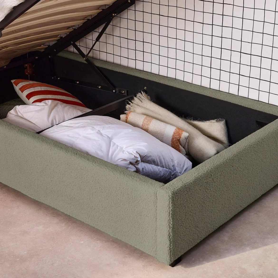 Struttura letto con contenitore e testiera 90x190cm, imbottita bouclé