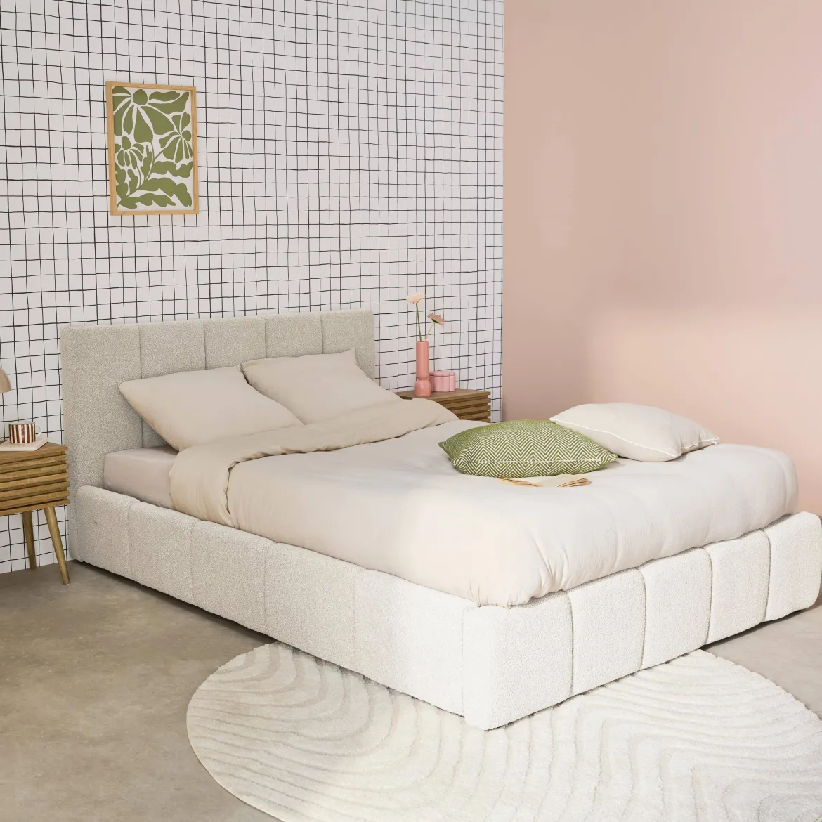 Struttura letto con contenitore e testiera 140cmx190cm, imbottita bouclé