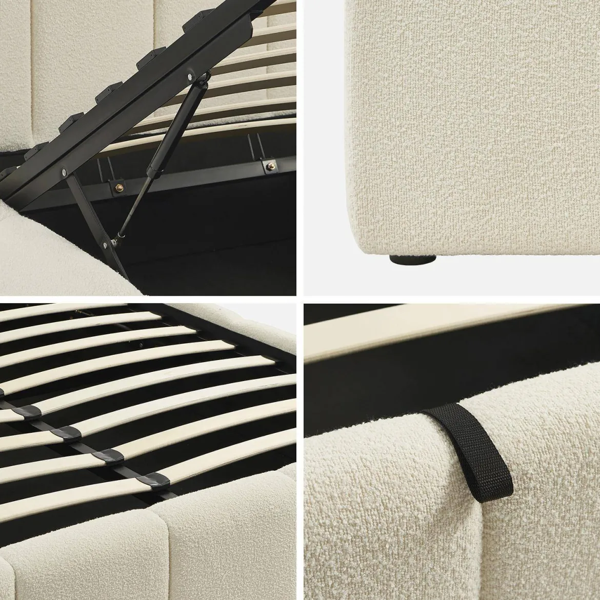 Struttura letto con contenitore e testiera 140cmx190cm, imbottita bouclé