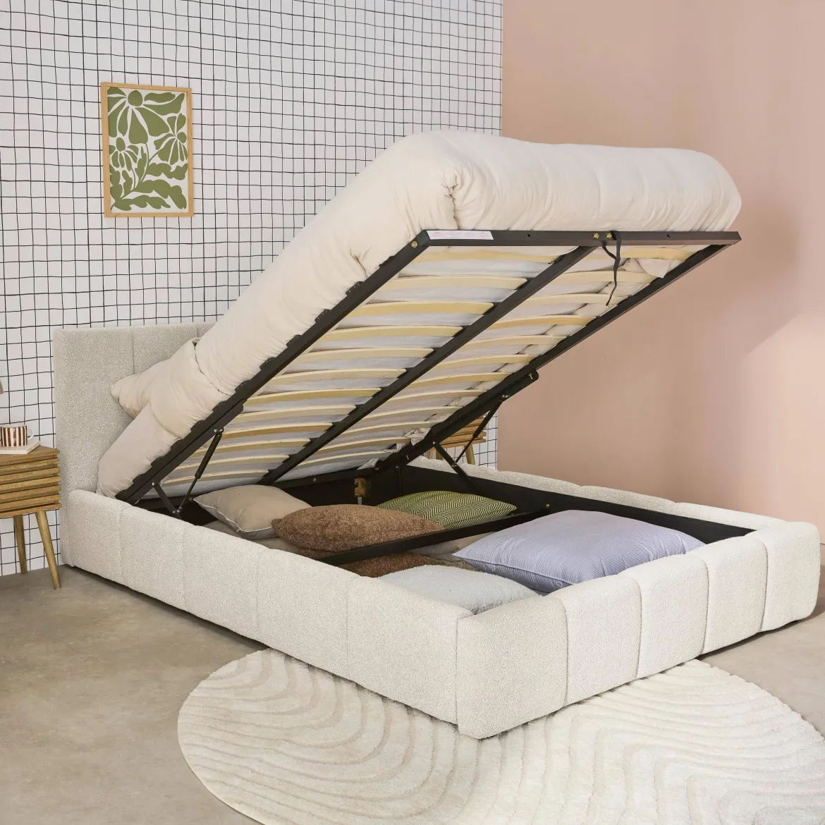 Struttura letto con contenitore e testiera 140cmx190cm, imbottita bouclé