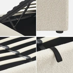 Struttura letto con contenitore e rete a doghe, imbottita bouclé bianco
