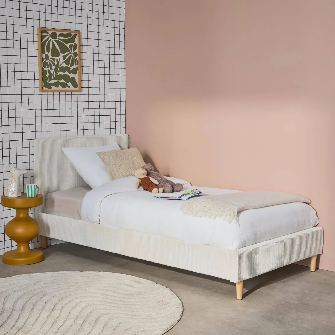 Struttura letto con rete a doghe e testiera 90x190cm, velluto a coste grosse