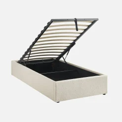 Struttura letto con contenitore e rete a doghe, imbottita bouclé bianco