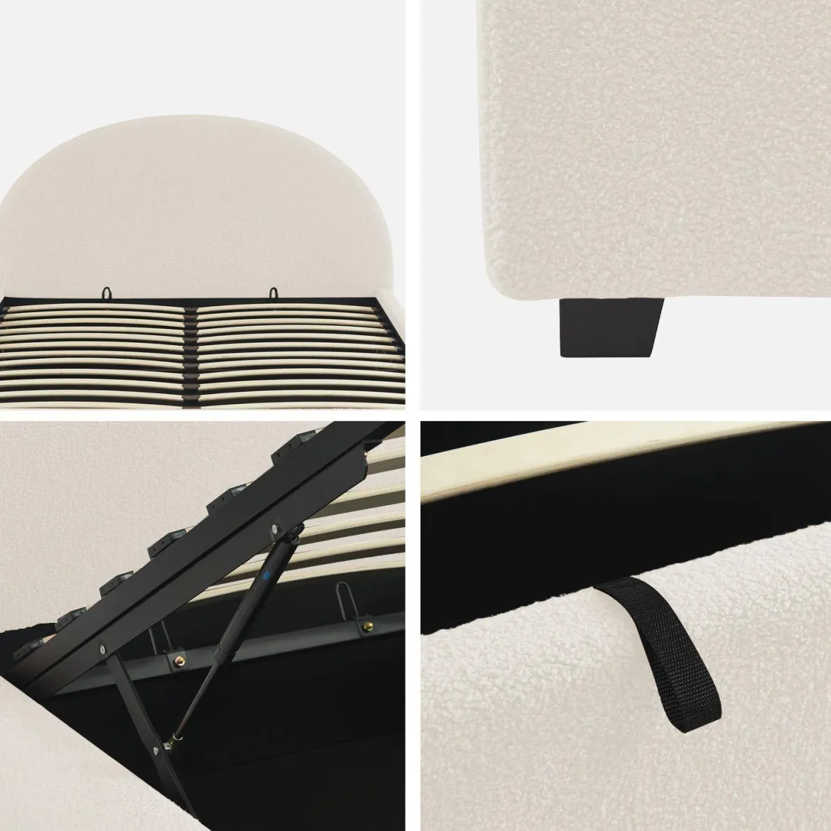 Struttura letto con contenitore e testiera 140x190cm, imbottita bouclé