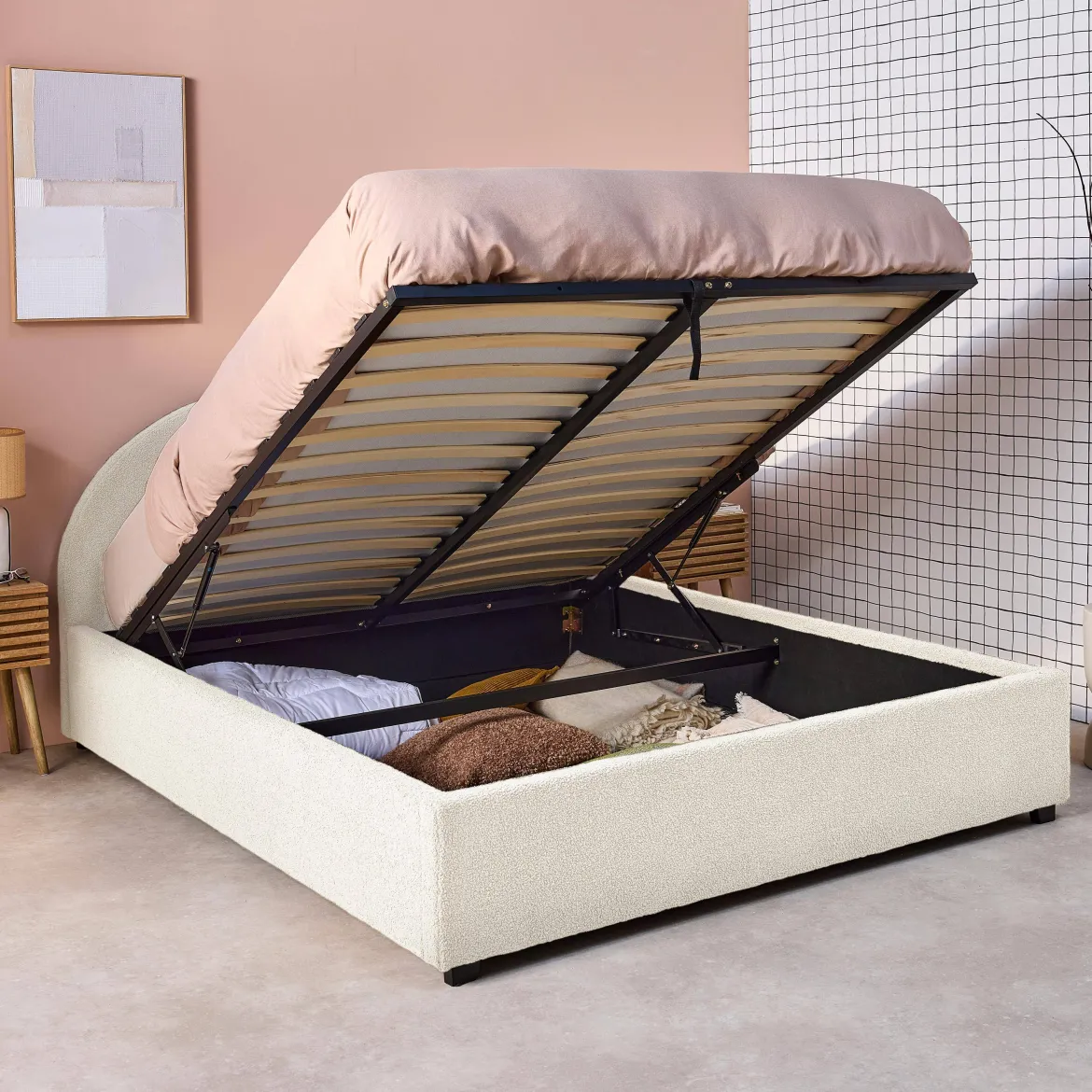 Struttura letto con contenitore e testiera 140x190cm, imbottita bouclé