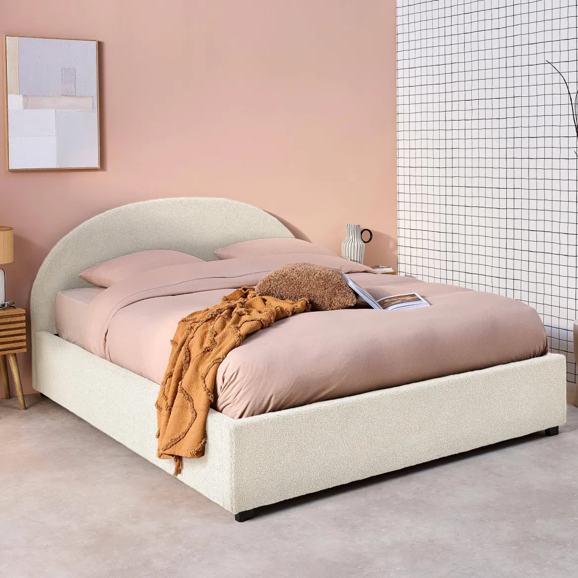 Struttura letto con contenitore e testiera 140x190cm, imbottita bouclé