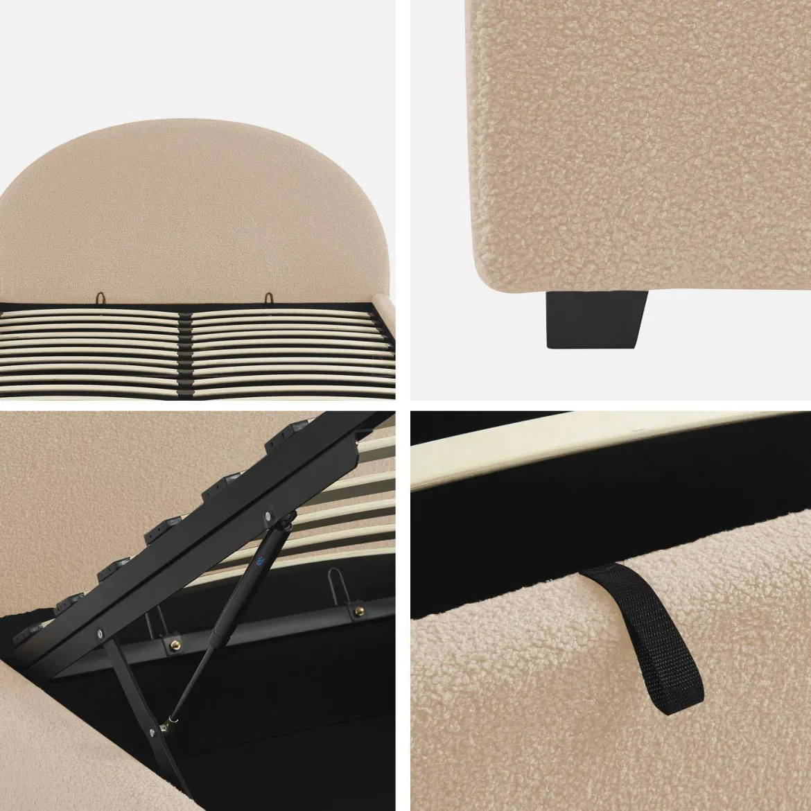 Struttura letto con contenitore e testiera 140x190cm, imbottita bouclé