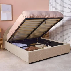 Struttura letto con contenitore e testiera imbottita bouclé, 160x200cm