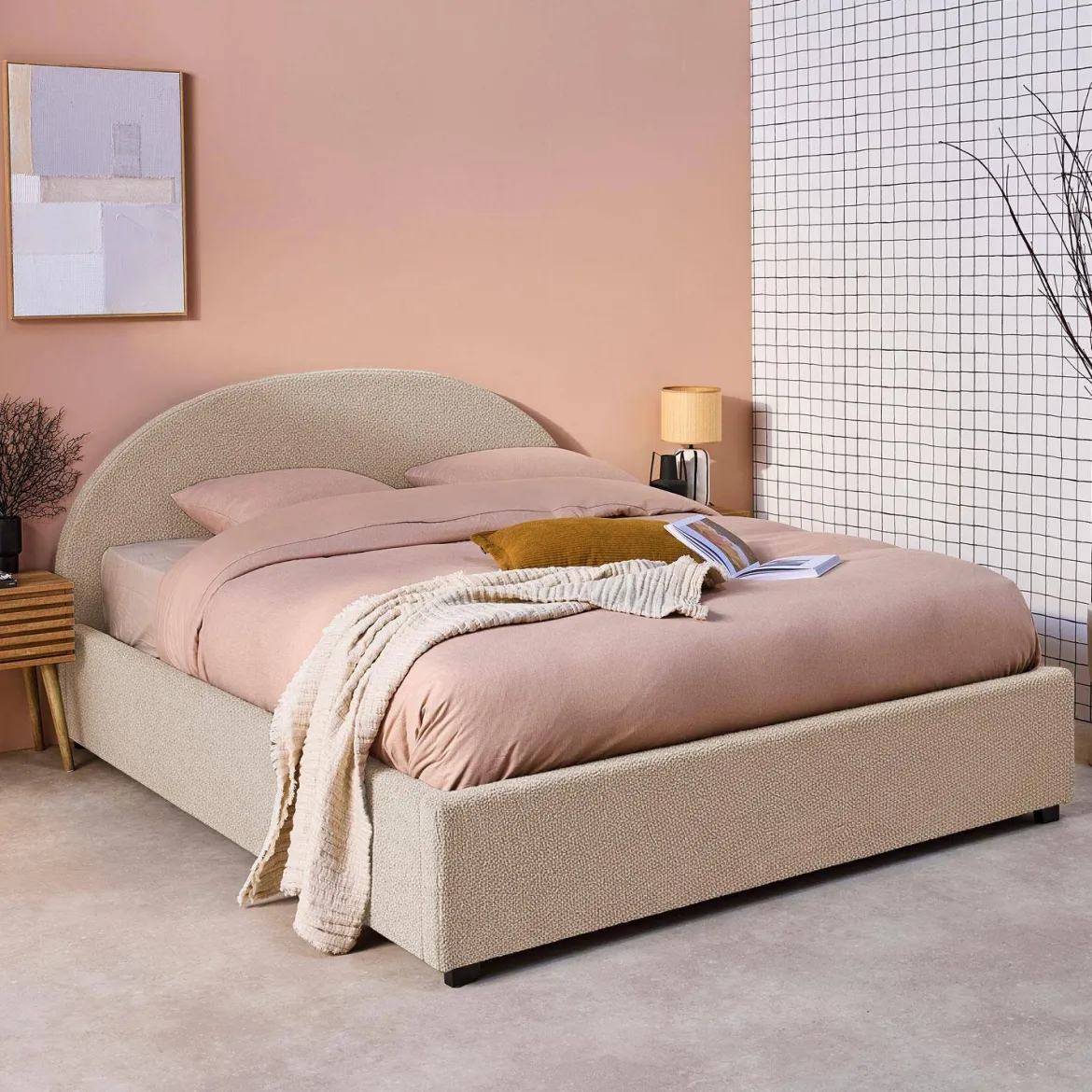 Struttura letto con contenitore e testiera imbottita bouclé, 160x200cm