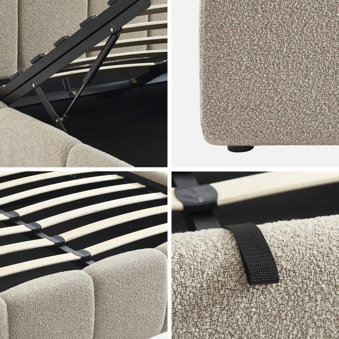 Struttura letto con contenitore e testiera 140cmx190cm, imbottita bouclé