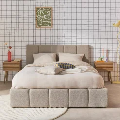 Struttura letto con contenitore e testiera 140cmx190cm, imbottita bouclé