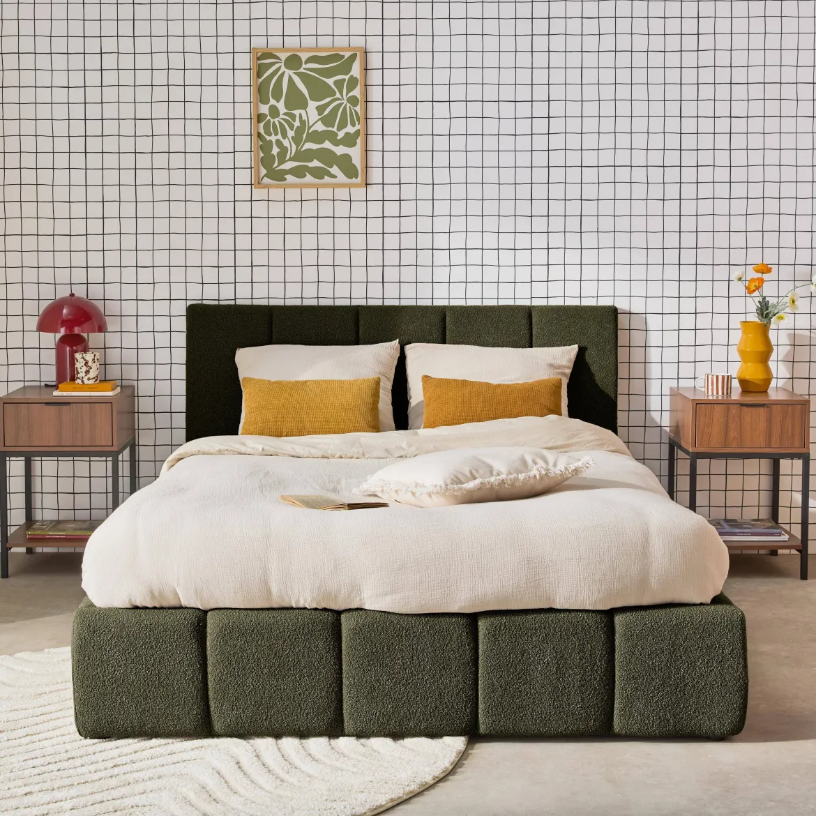 Struttura letto con contenitore e testiera 140cmx190cm, imbottita bouclé