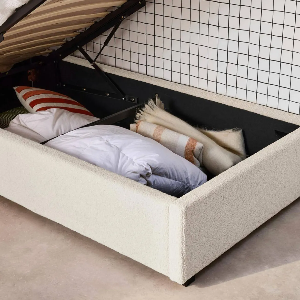 Struttura letto con contenitore e testiera 90x190cm, imbottita bouclé