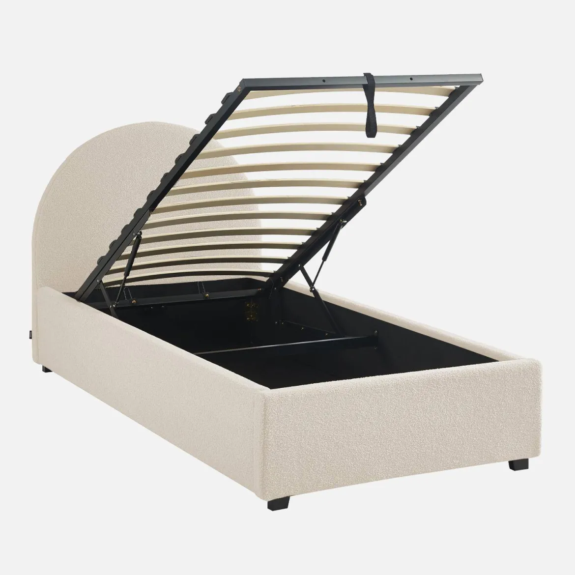 Struttura letto con contenitore e testiera 90x190cm, imbottita bouclé