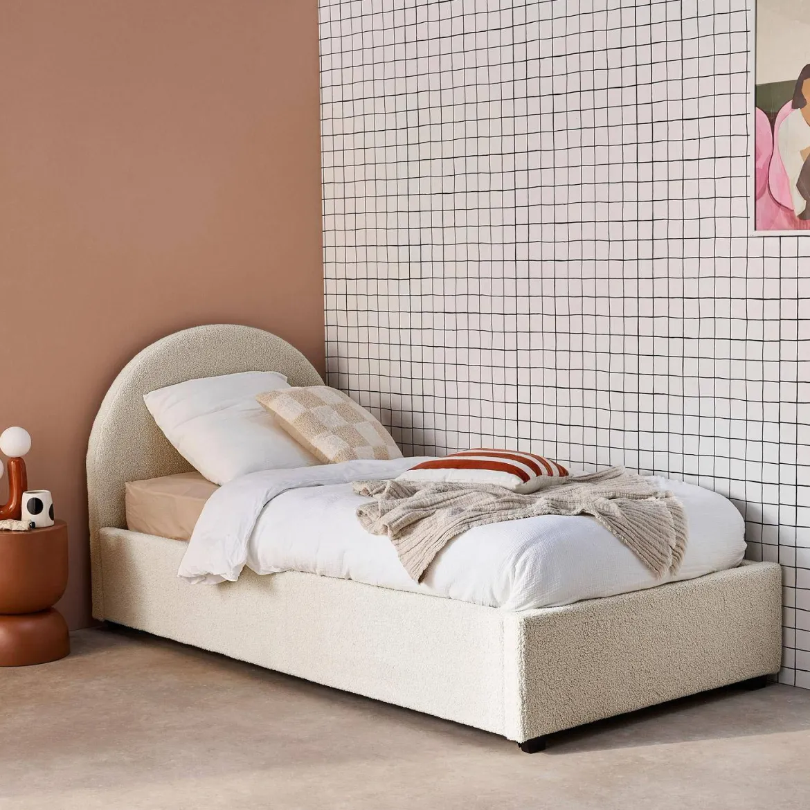 Struttura letto con contenitore e testiera 90x190cm, imbottita bouclé