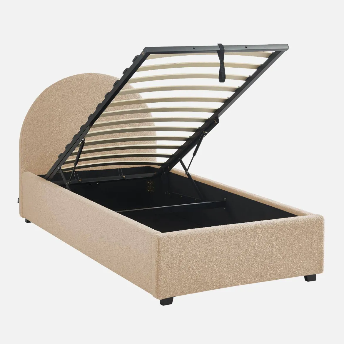 Struttura letto con contenitore e testiera 90x190cm, imbottita bouclé