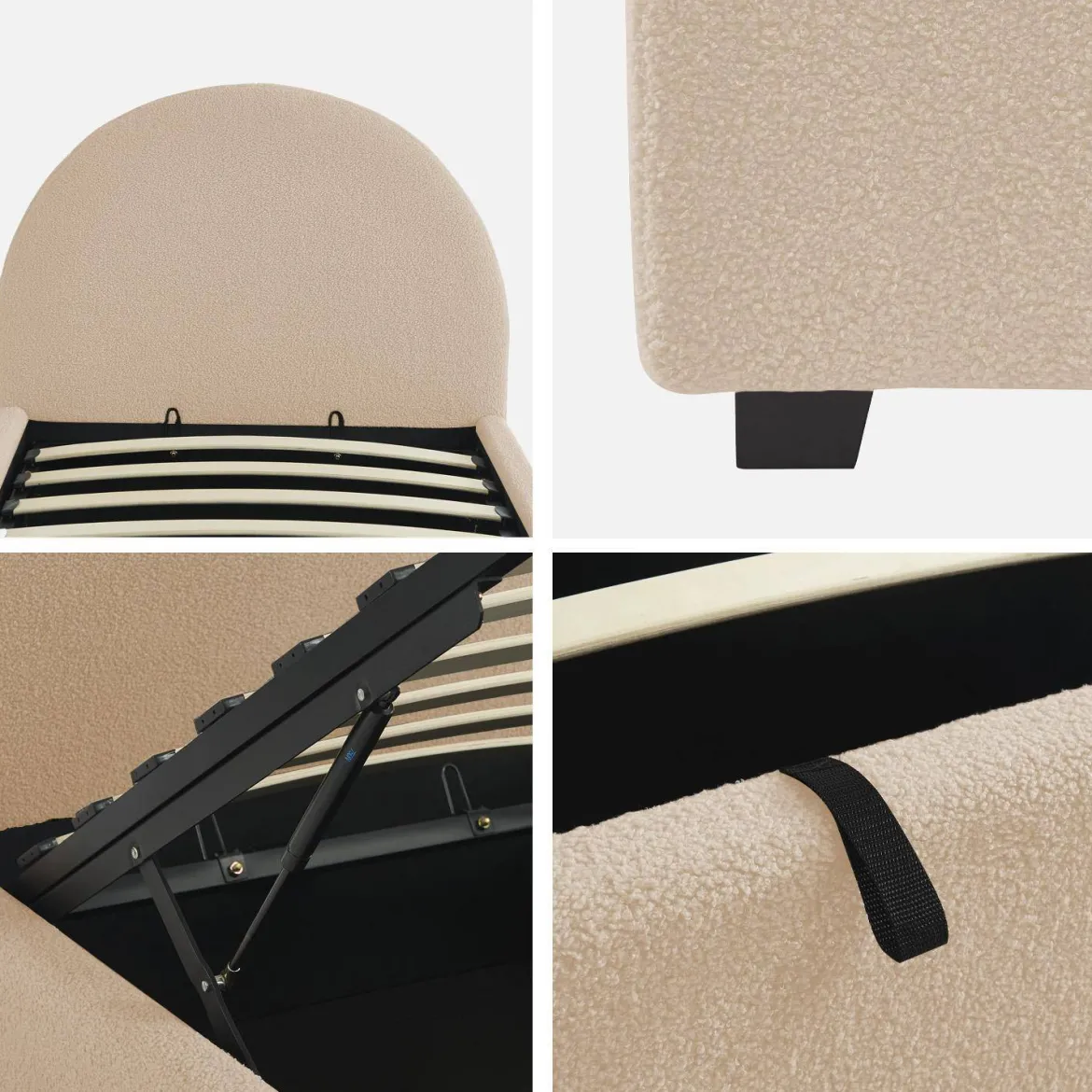 Struttura letto con contenitore e testiera 90x190cm, imbottita bouclé