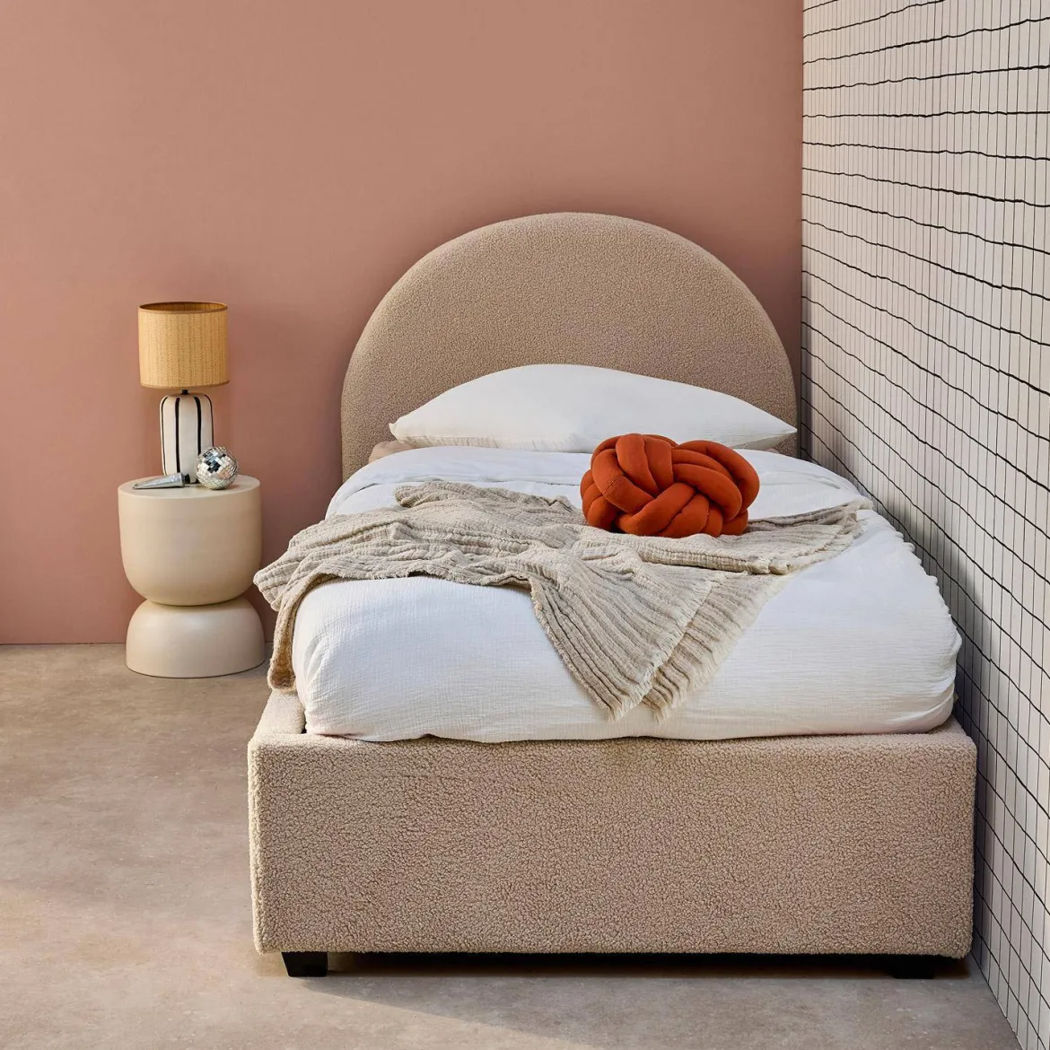 Struttura letto con contenitore e testiera 90x190cm, imbottita bouclé