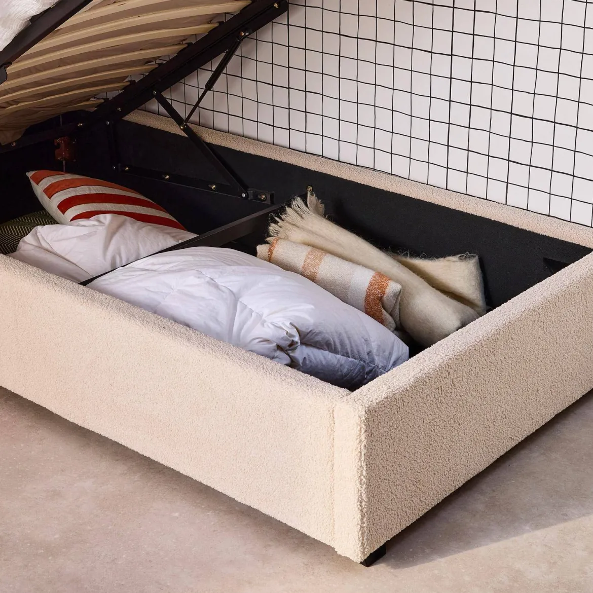 Struttura letto con contenitore e testiera 90x190cm, imbottita bouclé