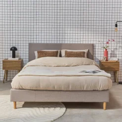 Struttura letto con rete a doghe e testiera 140x190cm, tessuto semplice