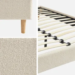 Struttura letto con rete a doghe, finitura bouclé, bianco
