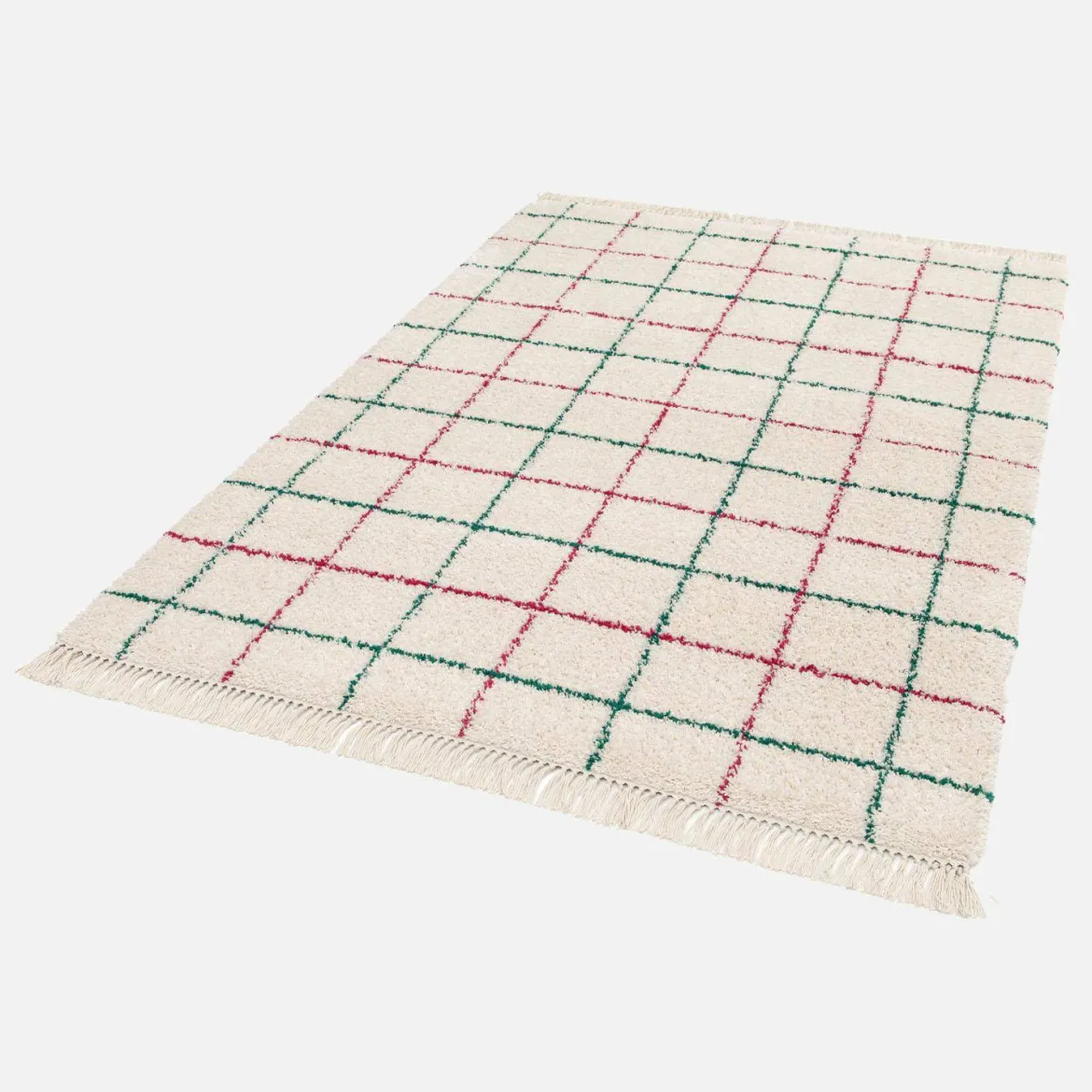 Tappeto interno shaggy motivo a griglia multicolore con frange
