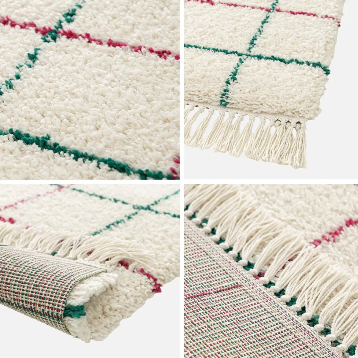 Tappeto interno shaggy motivo a griglia multicolore con frange