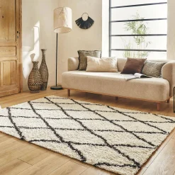 Tappeto interno shaggy, stile berbero, bianco e nero