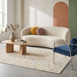 Tappeto per bambini a pois grandi, crema, blu, giallo, viola per interni, 120x170cm