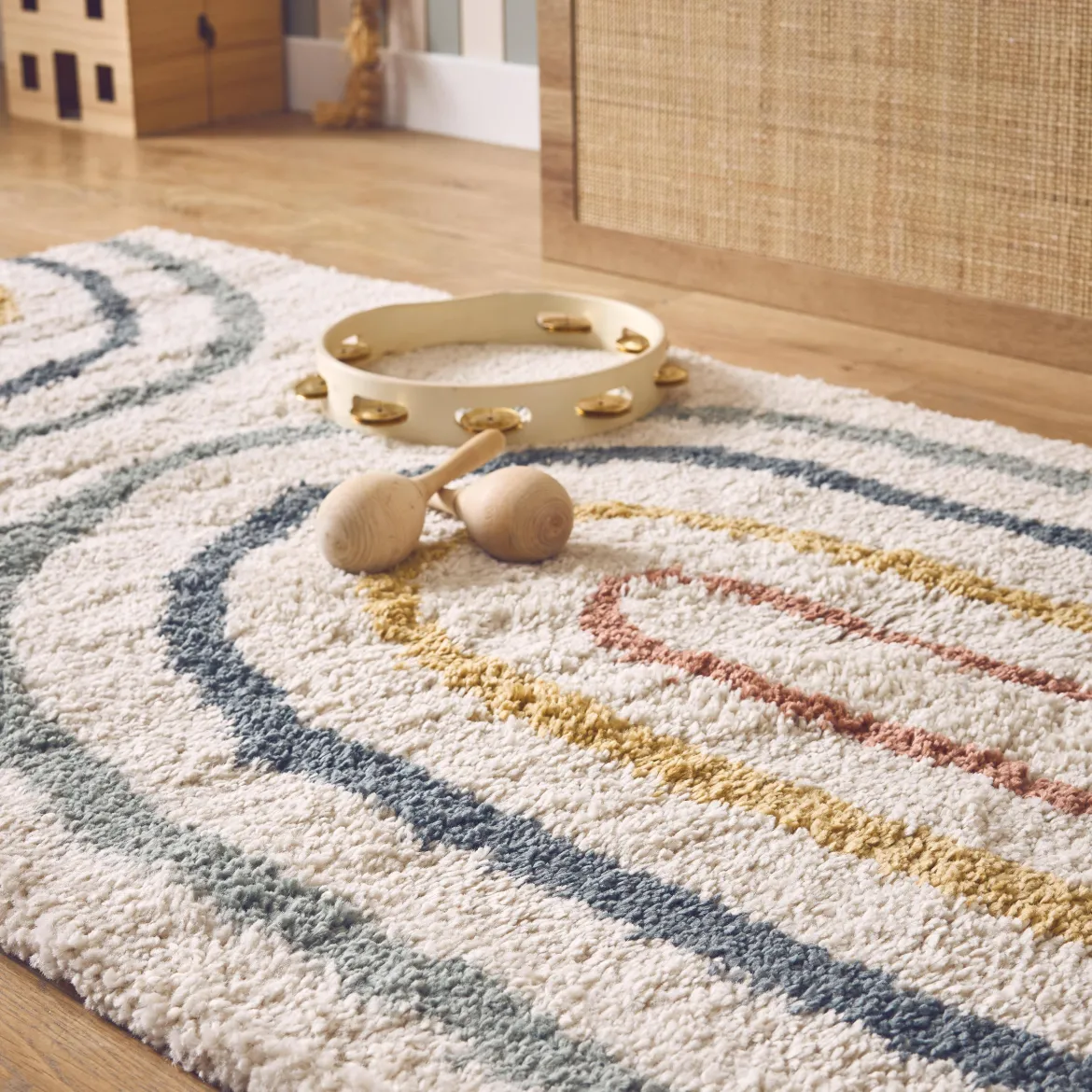 Tappeto per bambini con arcobaleno, tappeto per interni color crema e multicolore