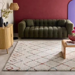 Tappeto shaggy per interni, stile berbero, crema e multicolore