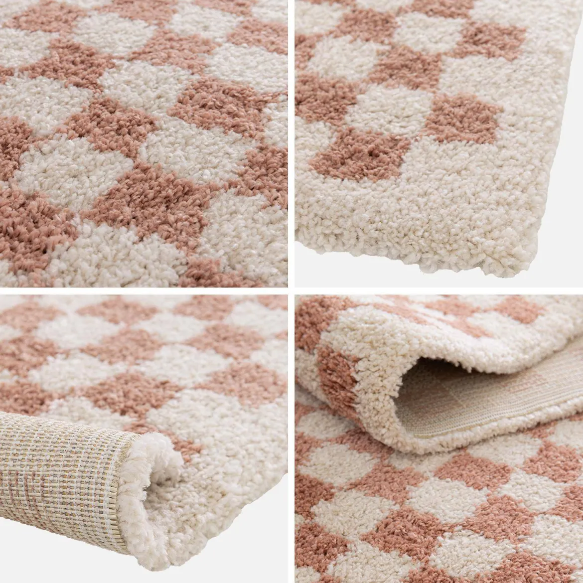 Tappeto vintage a scacchiera rosa e crema
