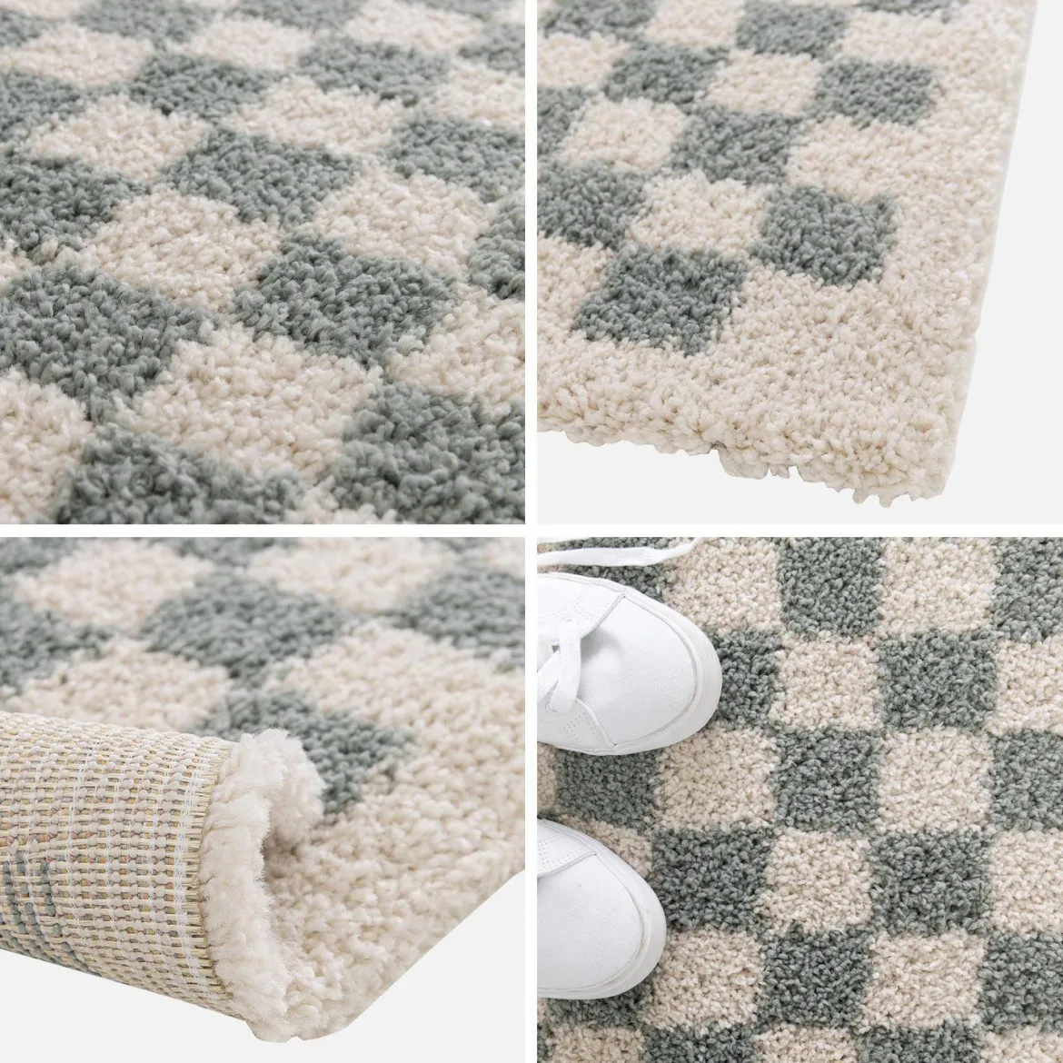 Tappeto a scacchiera di colore azzurro e crema