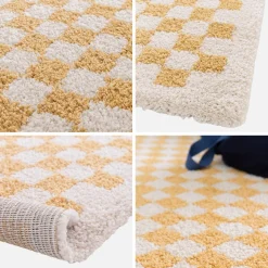 Tappeto interno a scacchiera shaggy in giallo senape e crema