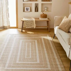 Tappeto interno/esterno effetto iuta beige con motivi
