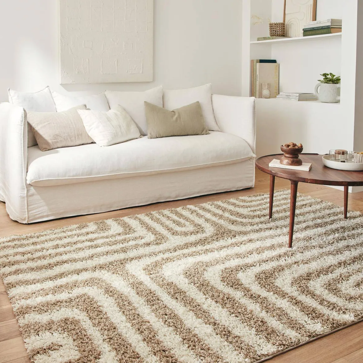 Tappeto interno shaggy motivi geometrici beige