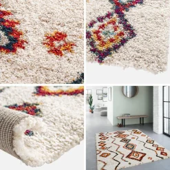 Tappeto shaggy per interni, stile berbero, crema e multicolore