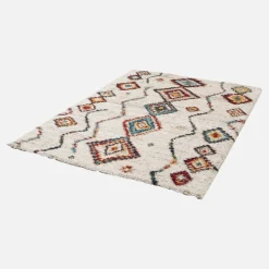 Tappeto shaggy per interni, stile berbero, crema e multicolore