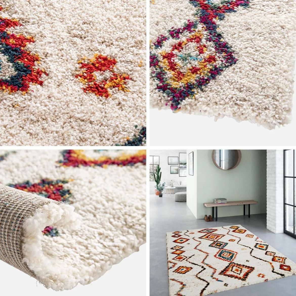 Tappeto shaggy per interni, stile berbero, crema e multicolore