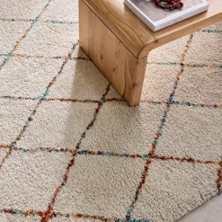 Tappeto shaggy per interni, stile berbero, crema e multicolore