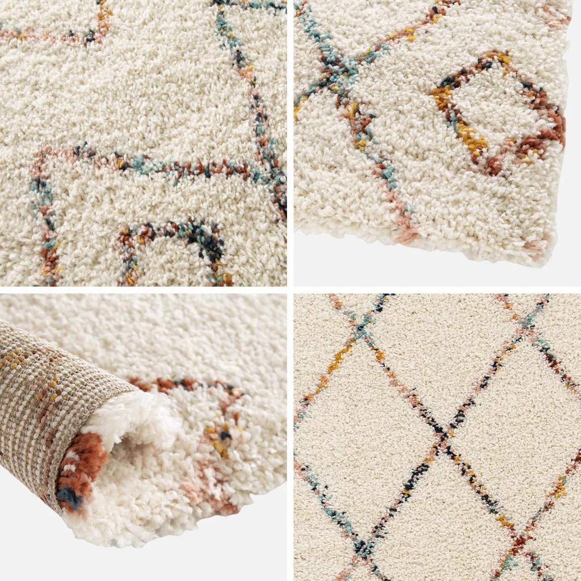 Tappeto shaggy per interni, stile berbero, crema e multicolore