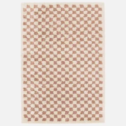 Tappeto vintage a scacchiera rosa e crema