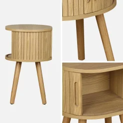 Tavolino da notte scandinavo con decorazioni in legno, 2 porte scorrevoli